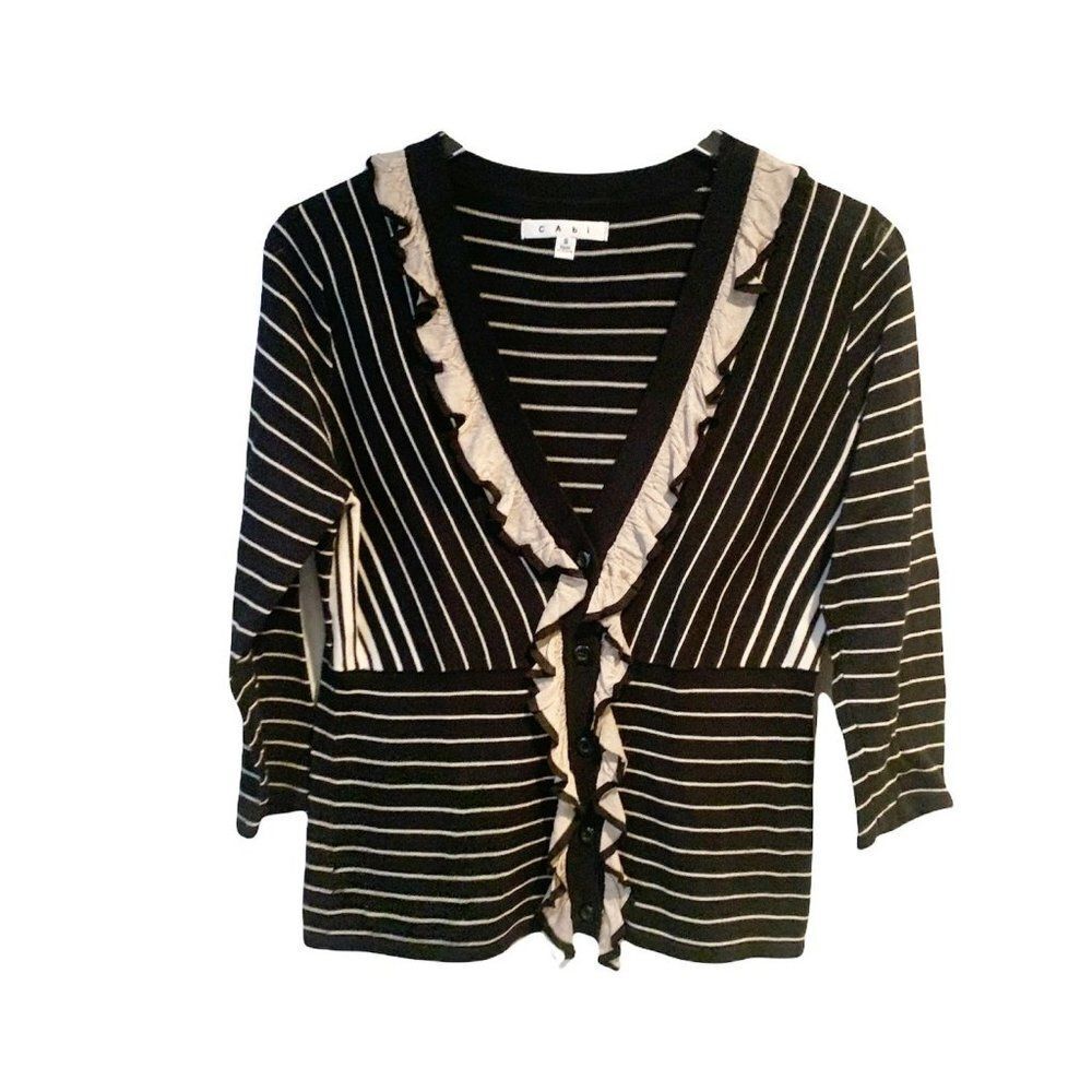 CAbi Size S Striped Knit Cardigan Sweater Top Ruffle Trims V-neck Black‎ Beige